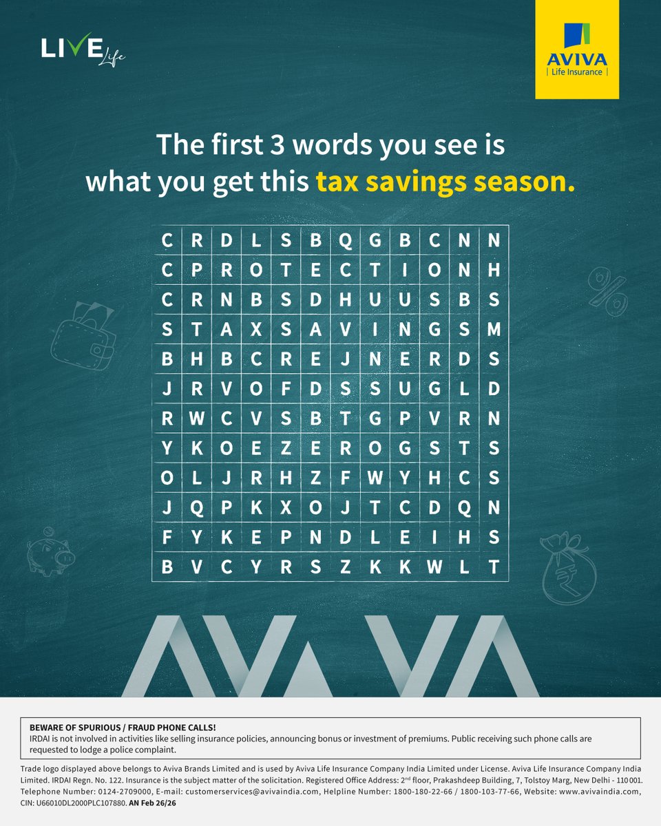 AvivaIndia's tweet image. A quick word game for tax season. 

The first three words you notice may just reflect your tax savings focus this year. Comment below. 

To know more: shorturl.at/ycIR9

#AvivaIndia #LiveLife #TaxGame #TaxSeasonFun #FinancialAwareness #PlanSmart