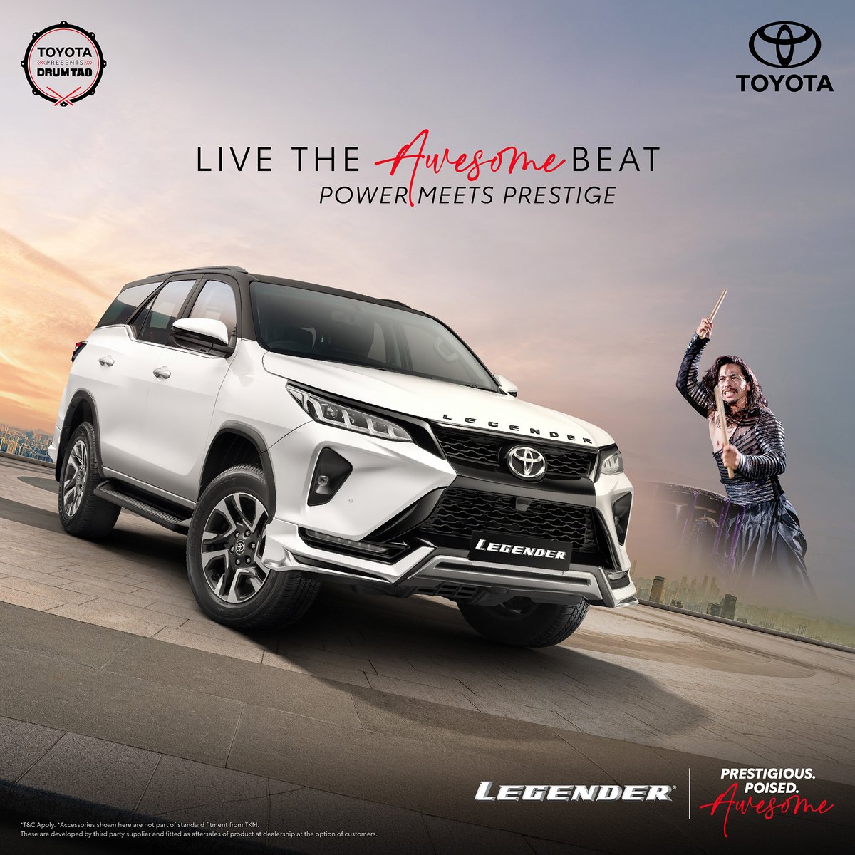 Toyota_India's tweet photo. With commanding power and striking design, the Toyota #Legender doesn’t follow the rhythm, it sets it. #DrumTao #LiveTheAwesomeBeat #Awesome #DrumTaoXToyota https://t.co/G4lxXtdPmx