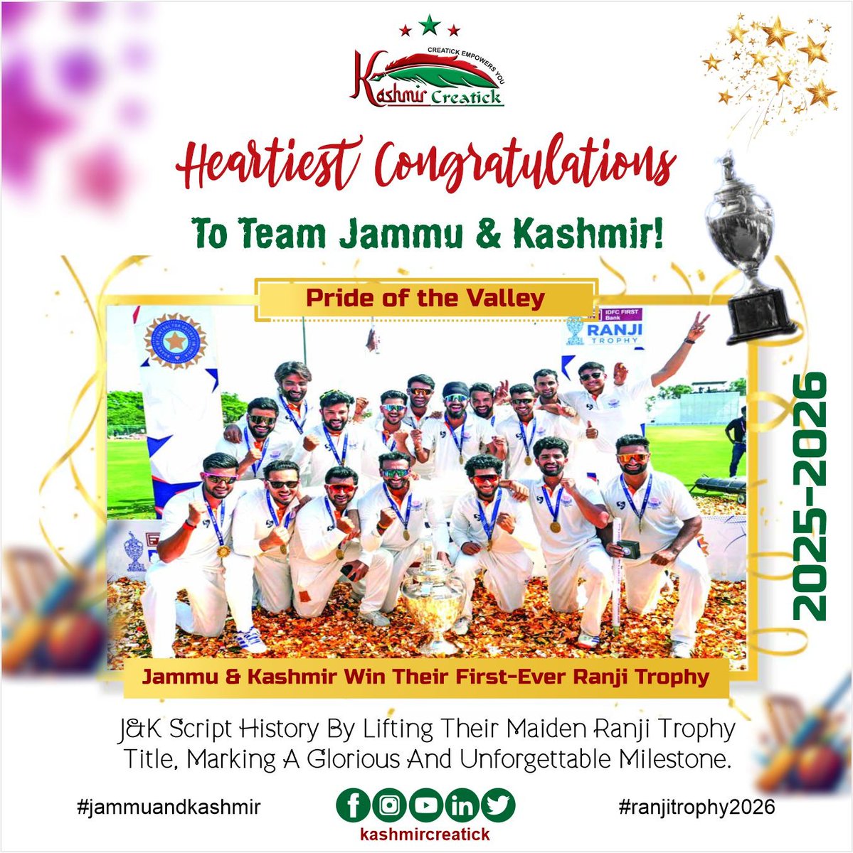 KCreatick's tweet photo. HEARTIEST CONGRATULATIONS
TEAM JAMMU &amp; KASHMIR

Pride of the Valley!

Jammu &amp; Kashmir script history by lifting their maiden Ranji Trophy title, marking a glorious and unforgettable milestone.

#Ranjitrophy2026 #Ranjitrophychampinsjk #jammuandkashmir #hubli https://t.co/xZGj11WrFq