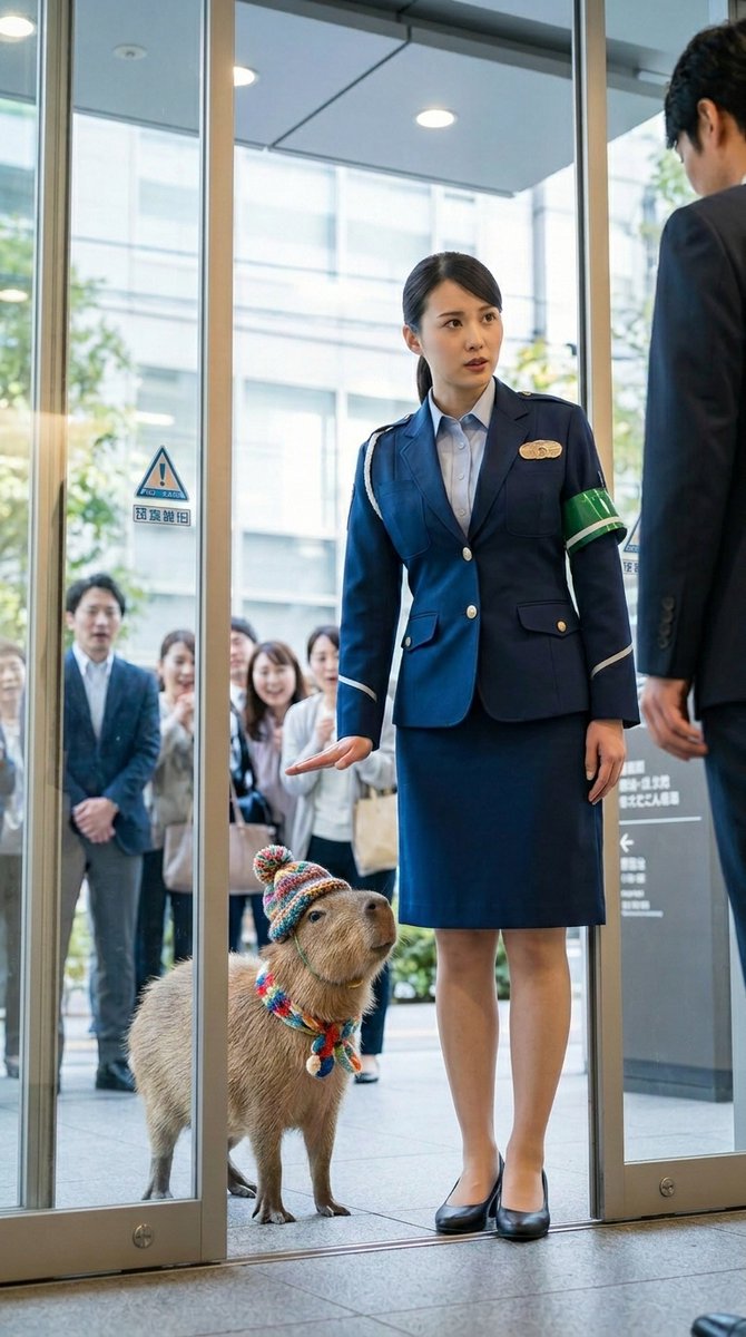 Edit_Johnson_AI's tweet image. 総務の高橋「すいません…」
警備員さん「来客がある時は事前に伝えてくださいね」
#AIgeneratedImage 
#capybara