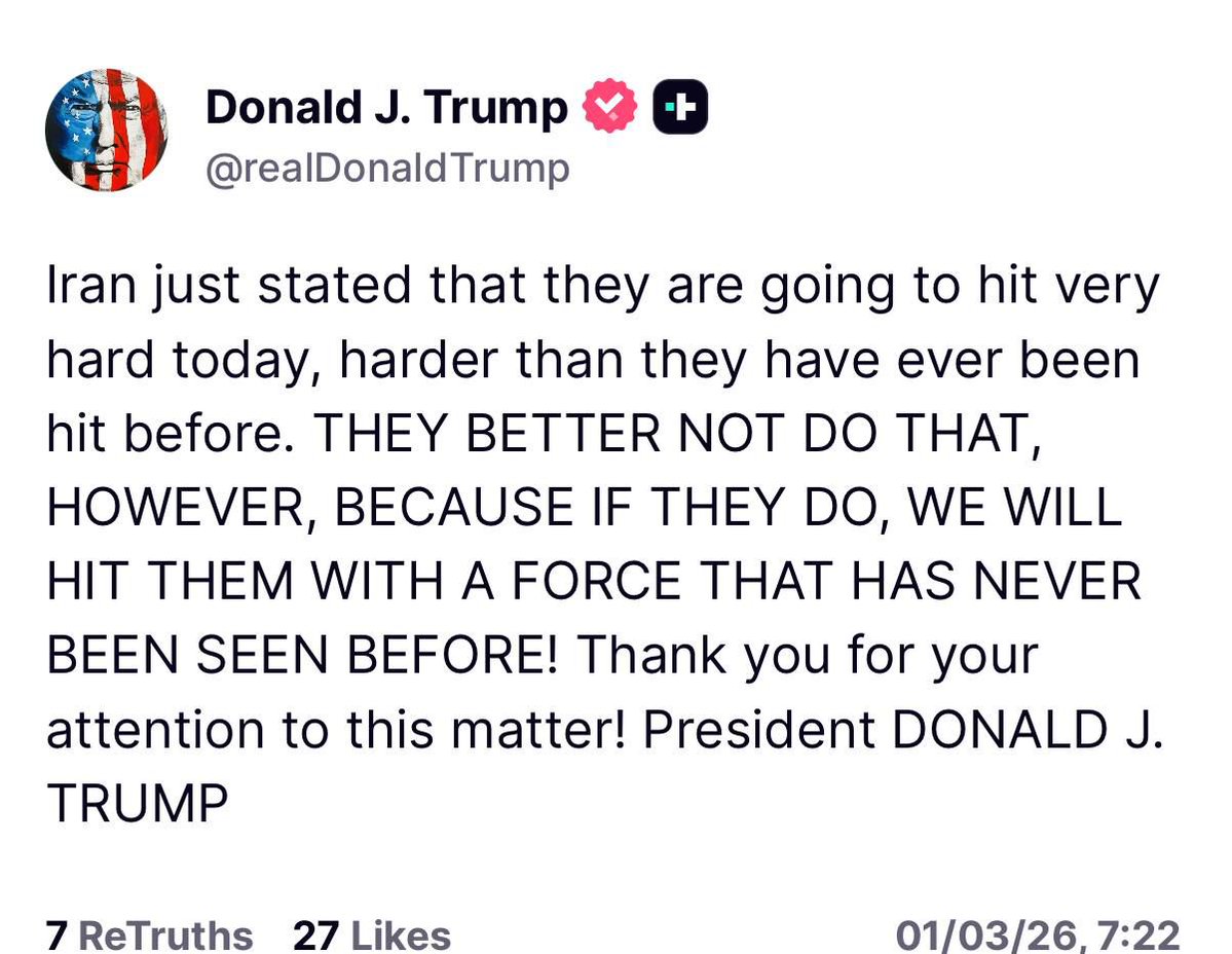 Trump: "if Iran are going to hit very hard today we will hit them with a force never seen before"