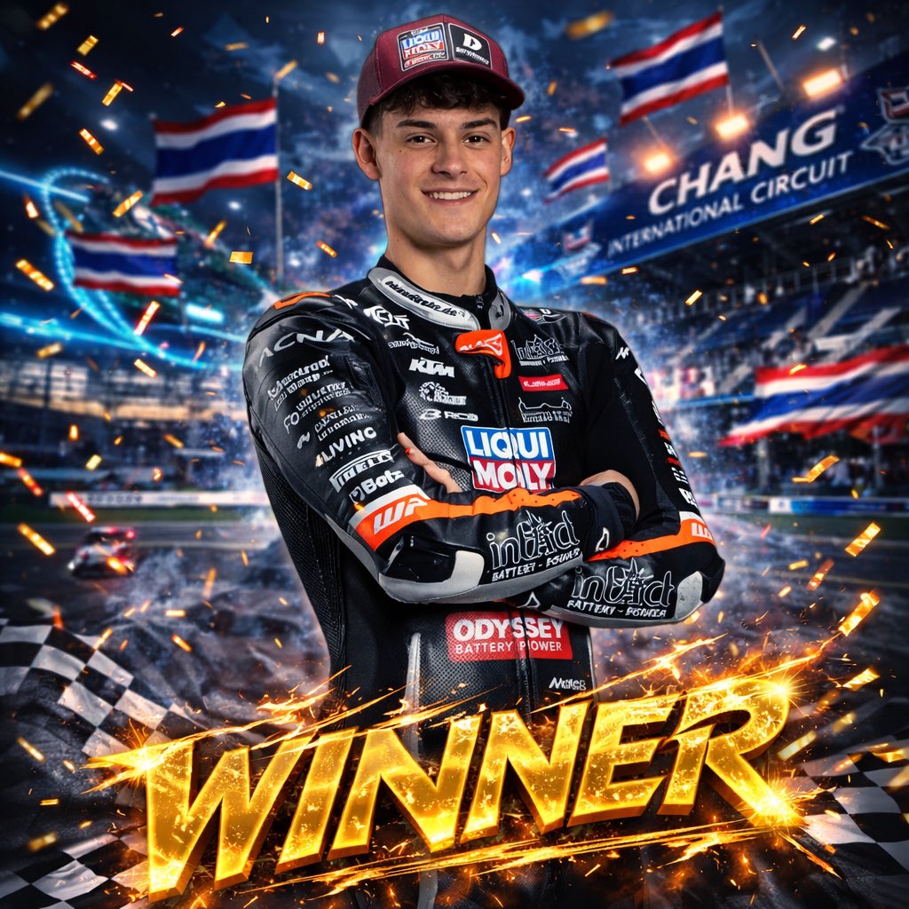 cfmagindia's tweet photo. Lights out.
Lights controlled.
David Almansa takes victory. ⚡🏁 🇪🇸
Whatta finish!!! Three/thousands!! 😳😳😳😳😳
#Moto3 #DavidAlmansa #ThaiGP https://t.co/n6prAdmE5I
