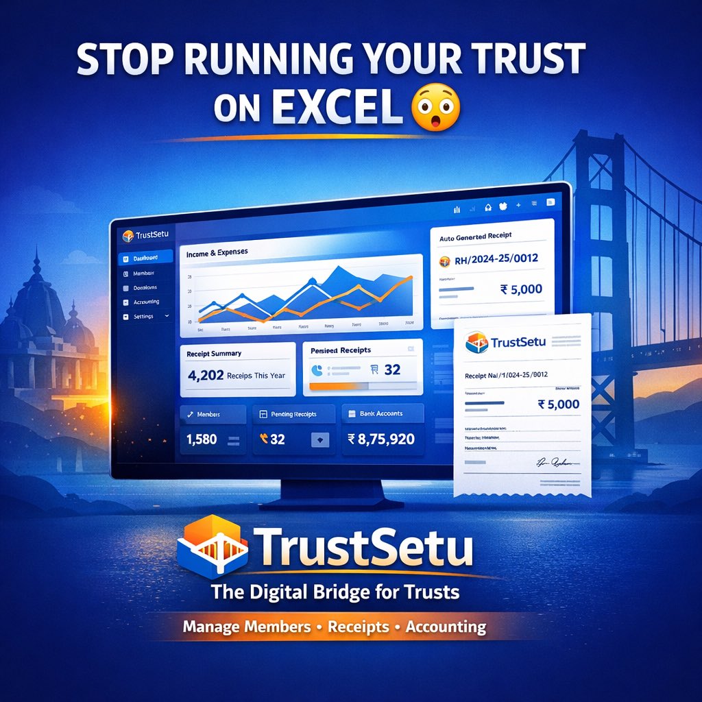 meet2mit's tweet photo. 🚨 હજુ પણ Trust નો હિસાબ Excel માં કરો છો?

2026 માં પણ હાથથી Receipt લખો છો? 😳

This is not just software.
This is a Digital Bridge for Trusts. 🌉

Move your Trust to TrustSetu today.

🌐 https://t.co/aPIXwZle90

#TrustSetu #JainSangh #NGOIndia #TrustManagement #DigitalIndia https://t.co/ughkYHj1Tz