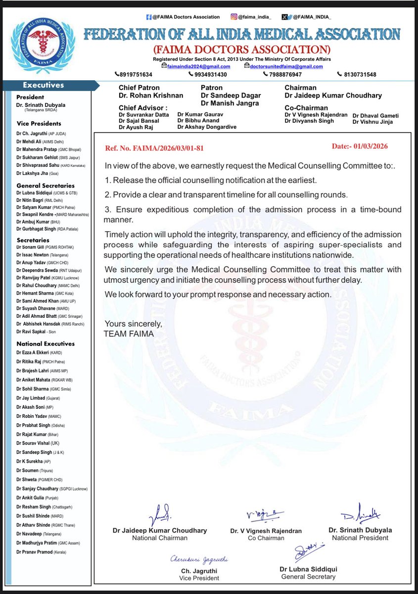 FAIMA_INDIA_'s tweet photo. 🚨 @MCC_India – It's over 1 month since NEET SS 2025 results, yet NO counselling schedule is out. Aspirants are anxious, hospitals short-staffed. Delays hurt patient care & careers. Kindly  release the notification & timeline of counseling urgently.

#NEETSS2025 #FAIMA #SuperSpecialty