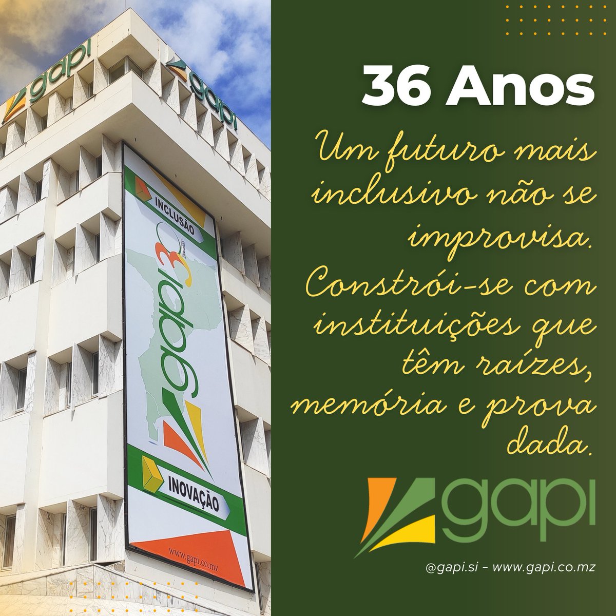 gapi_si's tweet photo. Celebramos 36 anos de compromisso com o desenvolvimento produtivo, a juventude empreendedora e a igualdade de género — com confiança, execução e resultados. 🤝📈

#Gapi36Anos #DesenvolvimentoInclusivo #Financiamento #Empreendedorismo #Moçambique https://t.co/z7L3T8Ic3Z