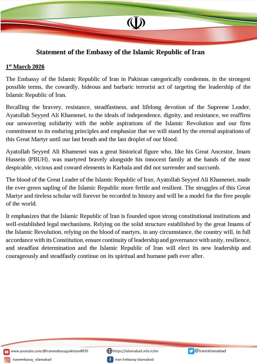 IraninIslamabad's tweet photo. Statement of the Embassy of the Islamic Republic of Iran on the Martyrdom of the Great Supreme of the Islamic Republic of Iran, Ayatollah Seyyed Ali Khamenei https://t.co/O5WUQ4D5qE