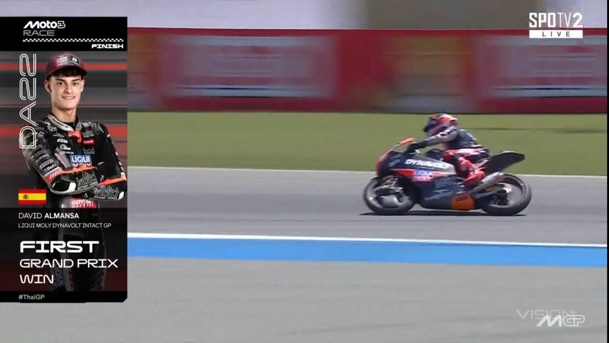 LambeResing's tweet photo. Almansa takes the win, Veda raih P5!

David Almansa berhasil menang di race Moto3 di Buriram, dalam moment foto finish melawan Maximo Quilles.

Sementara Veda Pratama raih hasil fantastis di debutnya, setelah finish di P5.

ALIG BAT COY DEBUT BISA TOP 5 😎🔥

#Moto3 #ThaiGP https://t.co/4kLBMEqtpP