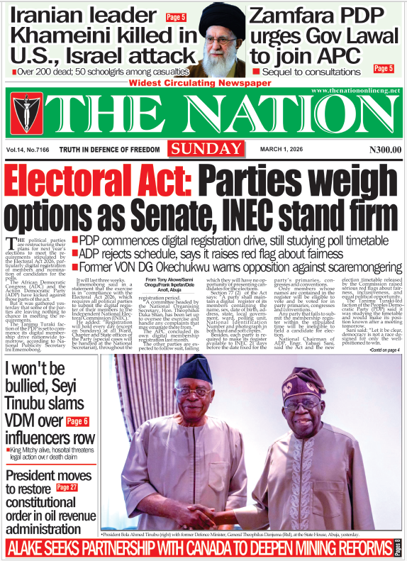 TheNationNews's tweet photo. The Nation Newspaper
#SundayHeadlines 
1st of March, 2026

1. Electoral Act: Parties weigh options as Senate, INEC stand firm - https://t.co/bZW7zNYugC

2. I won’t be bullied, Seyi Tinubu slams VDM over influencers row - https://t.co/IAdKaXcYb4

3. Iranian leader Khameini killed in U.S., Israel attack - https://t.co/c2YDxRkSyl

4. President renews Audi's tenure as NSCDC Commandant-General - https://t.co/oD7dpOJxoh

5. All motions - https://t.co/HvT8UEREr1

Kindly follow our page for more news update  -

Facebook: https://t.co/gcZ6t12nqT

Instagram: https://t.co/akhkuABcbh

X (formerly Twitter): https://t.co/nKS5GLq1uc

YouTube: https://t.co/OhsxeKWN3F

Telegram: https://t.co/D77gR64SEs

TikTok: https://t.co/e2CpOuSou1

WhatsApp channel: https://t.co/yrxzRQyexx