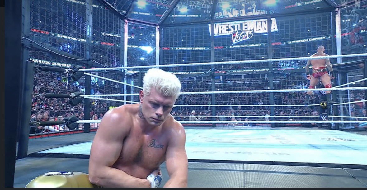 harlanwheelerr's tweet image. Closing moments of the mens #eliminationchamber ⛓️Drew attacked cody pulling his shenanigans as randy orton capitalized on cody with an rko 🐍 wiming the chamber. However due to Drew interfering cody gets his rematch for the wwe title this Friday on Smackdown