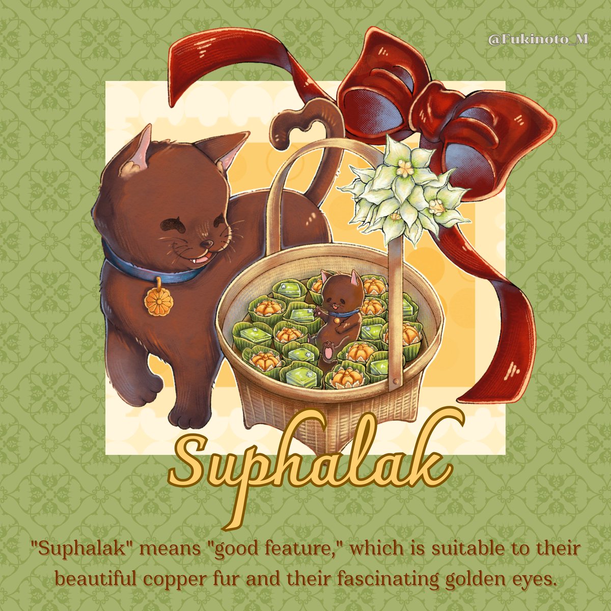 เที่ยงแล้ว มาชวนทานขนมไทยกับน้องแมวไทยตัวสุดท้ายในเซท #dessertstime ค่ะ! ศุภลักษณ์ แปลว่า ผู้มีลักษณะอันดีงาม หากใครเลี้ยงไว้ก็จะให้โชค หน้าที่การงานเจริญรุ่งเรือง ชนชั้นสูงมักนิยมเลี้ยงไว้เช่นเดียวกับแมววิเชียรมาศนั่นเอง แถมยังเป็นหนึ่งในแมวไทยโบราณด้วยค่ะ