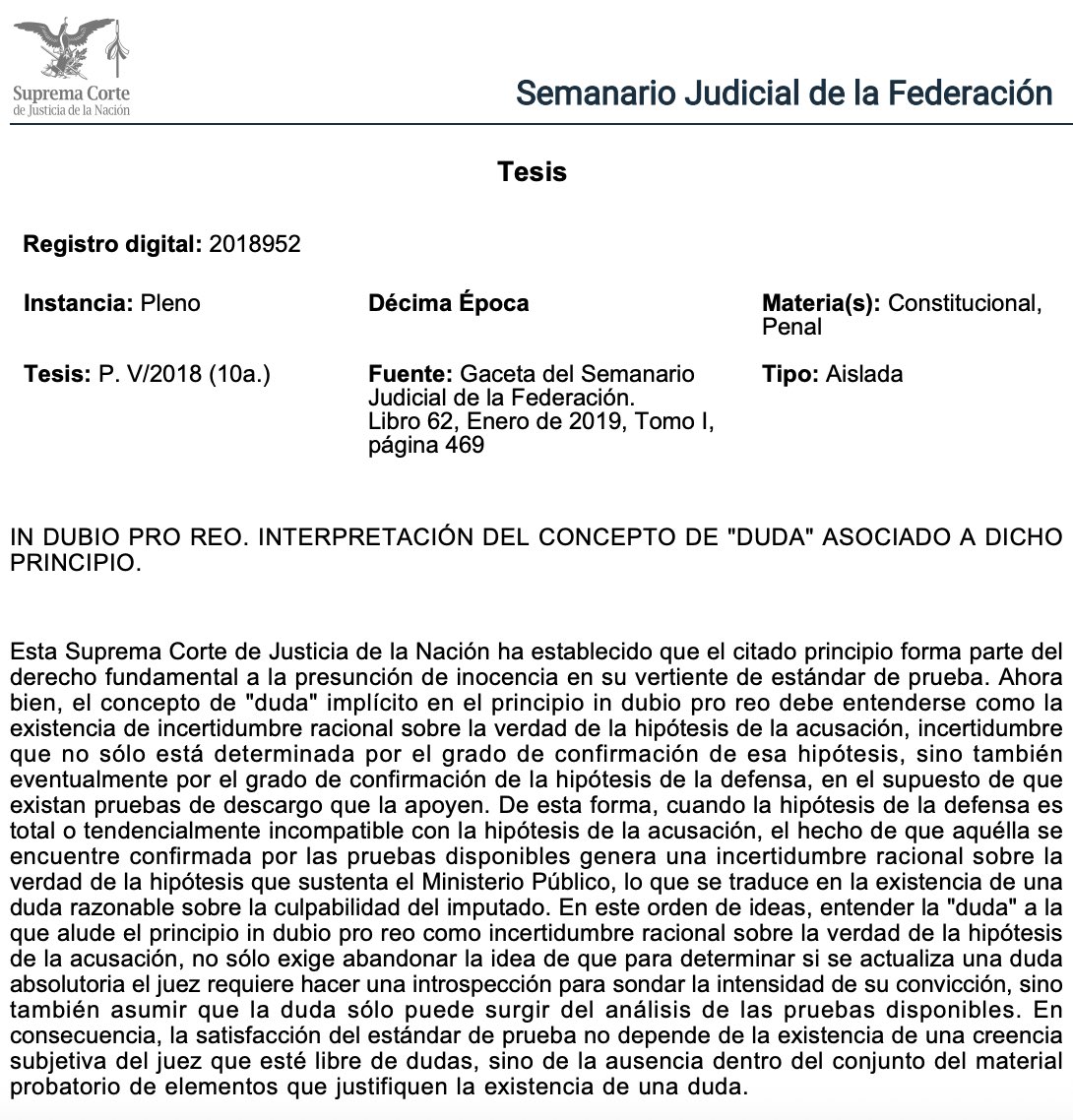 Adrianreginoo's tweet photo. ⚖️❓ In dubio pro reo: la duda no es intuición del juez, es incertidumbre racional basada en pruebas

La Suprema Corte de Justicia de la Nación precisó el alcance del principio in dubio pro reo, como parte del derecho fundamental a la presunción de inocencia en su vertiente de estándar de prueba.

La pregunta clave era ¿Qué debe entenderse por “duda” para absolver? 🤔y ante la pregunta la Corte fue clara: La “duda” no es una sensación subjetiva del juzgador. No es una vacilación emocional ni una introspección sobre qué tan convencido se siente.
📌La duda relevante es incertidumbre racional sobre la verdad de la hipótesis de la acusación. Y esa incertidumbre surge del análisis objetivo del material probatorio.

🔎 ¿De qué depende esa incertidumbre?
No solo del grado de confirmación de la hipótesis del Ministerio Público, sino también —cuando existan— del grado de confirmación de la hipótesis de la defensa.
Es decir:
1️⃣ Si la acusación no alcanza un nivel suficiente de corroboración, hay duda. 2️⃣ Si la hipótesis de la defensa está respaldada por pruebas y es incompatible (total o tendencialmente) con la versión acusatoria, también se genera duda razonable.

👀 Cuando las pruebas que apoyan la defensa debilitan racionalmente la versión de la acusación, se produce una incertidumbre objetiva sobre la culpabilidad.
Y en ese escenario, la presunción de inocencia se impone.

📣 En síntesis, el estándar de prueba no se satisface porque el juez “se sienta convencido”. Se satisface únicamente cuando, del conjunto del material probatorio, no emerge ningún elemento que justifique una duda racional.
La condena exige certeza más allá de duda razonable.
 Si el análisis probatorio deja espacio para una explicación alternativa plausible, la absolución no es benevolencia: es exigencia constitucional. ⚖️