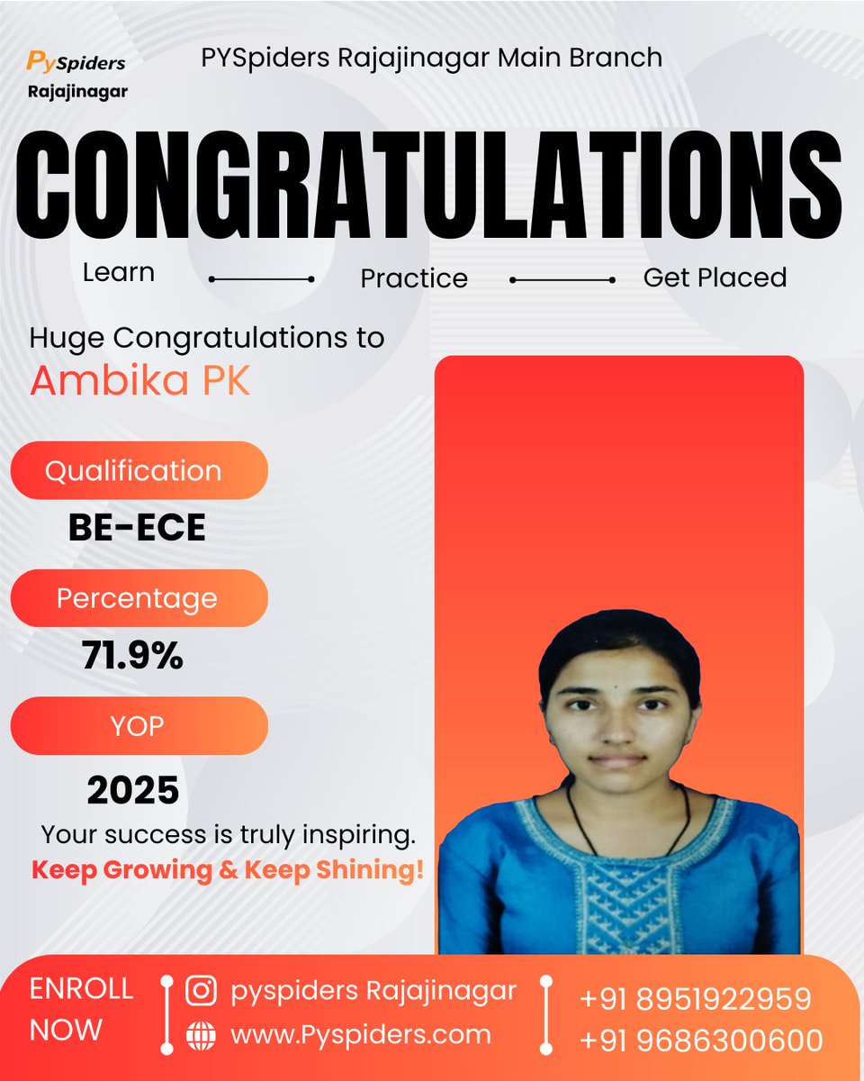 QRajajinagar's tweet photo. Huge congratulations to Ambika PK (BE-ECE, 2025) #PlacementSuccess #ECEtoIT #EngineeringGraduate #CareerTransition #BangaloreJobs #LearnPracticeGetPlaced #TechCareers2025 #SuccessMindset #PySpidersRajajinagar #JobPlacement https://t.co/AfqGA60YIt