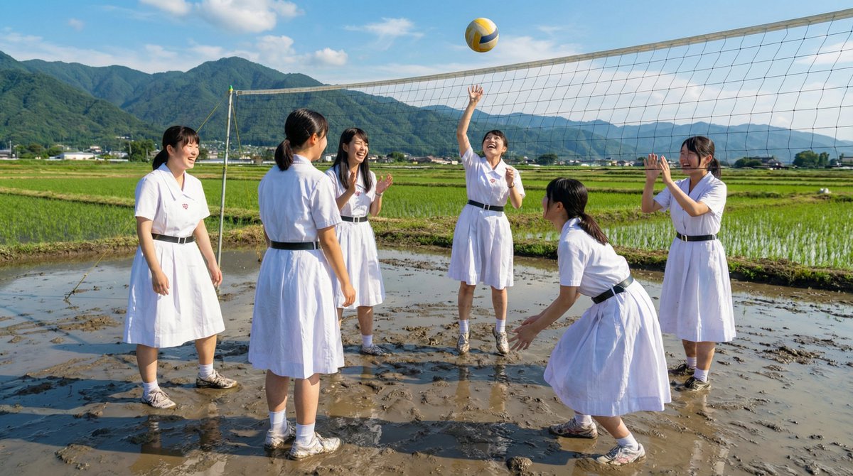 CA制服の次は、純白のワンピース夏服制服です。卒業式を目前に控えたバレー部の仲良し６人組が、「泥映え」を意識し、あえて純白の夏服制服で泥んこバレーに挑みます。これも青春の思い出作りです。

※以下AI画像。AI生成動画が後日。