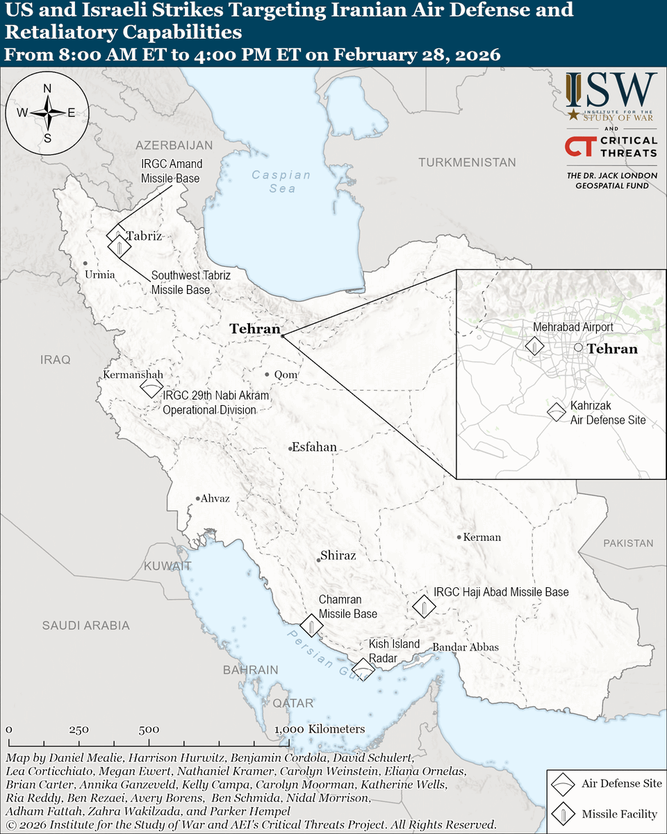 NEW | The United States and Israel are pursuing several lines of effort to achieve their stated campaign objectives: 1) suppressing Iranian air defenses, 2) degrading Iranian retaliatory capabilities, and 3) disrupting Iranian command-and-control.

The combined US-Israeli force