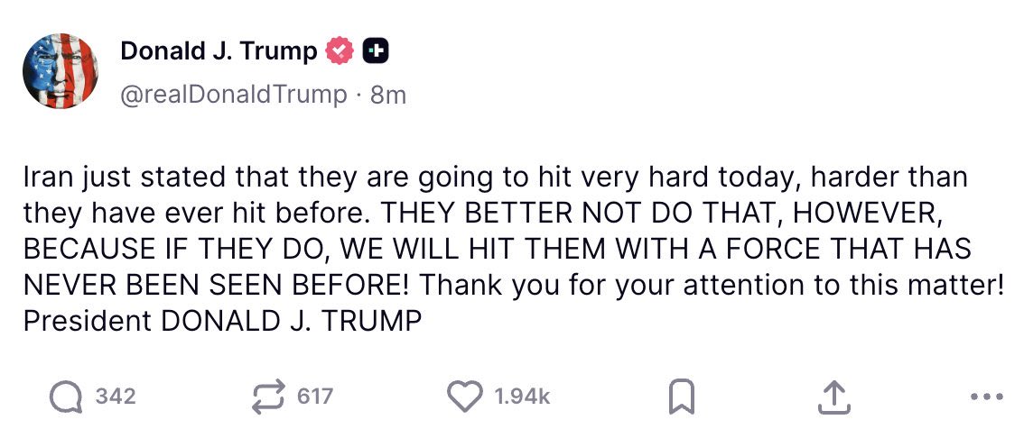 🚨 BREAKING: Presiden Amerika Serikat melontarkan pernyatan via aplikasi Truth Social, 

🗣️ “Jika Iran menyerang dengan keras hari ini, kami akan membalas dengan kekuatan yang belum pernah terlihat sebelumnya!” 😳