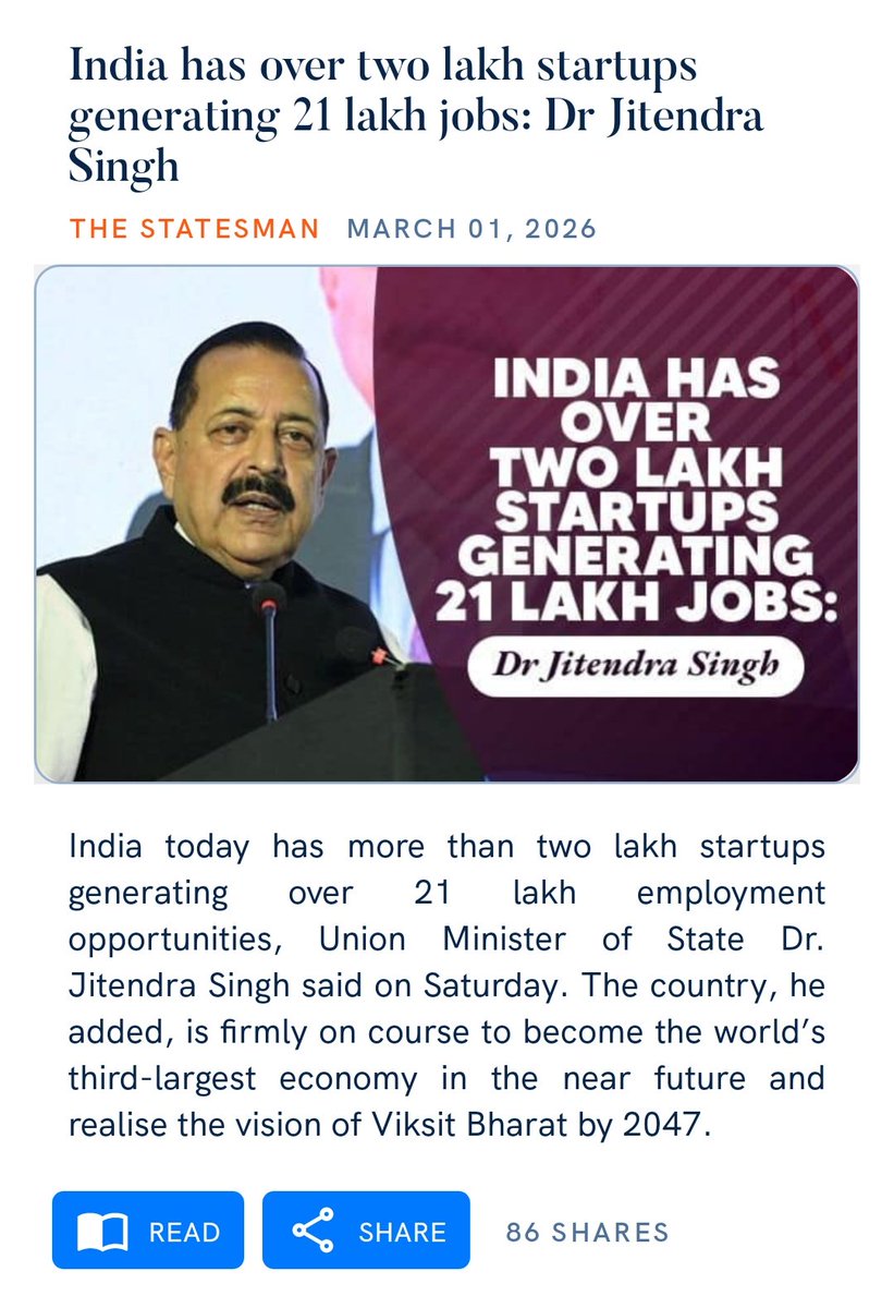 India has over two lakh startups generating 21 lakh jobs: Dr Jitendra Singh
thestatesman.com/india/india-ha…