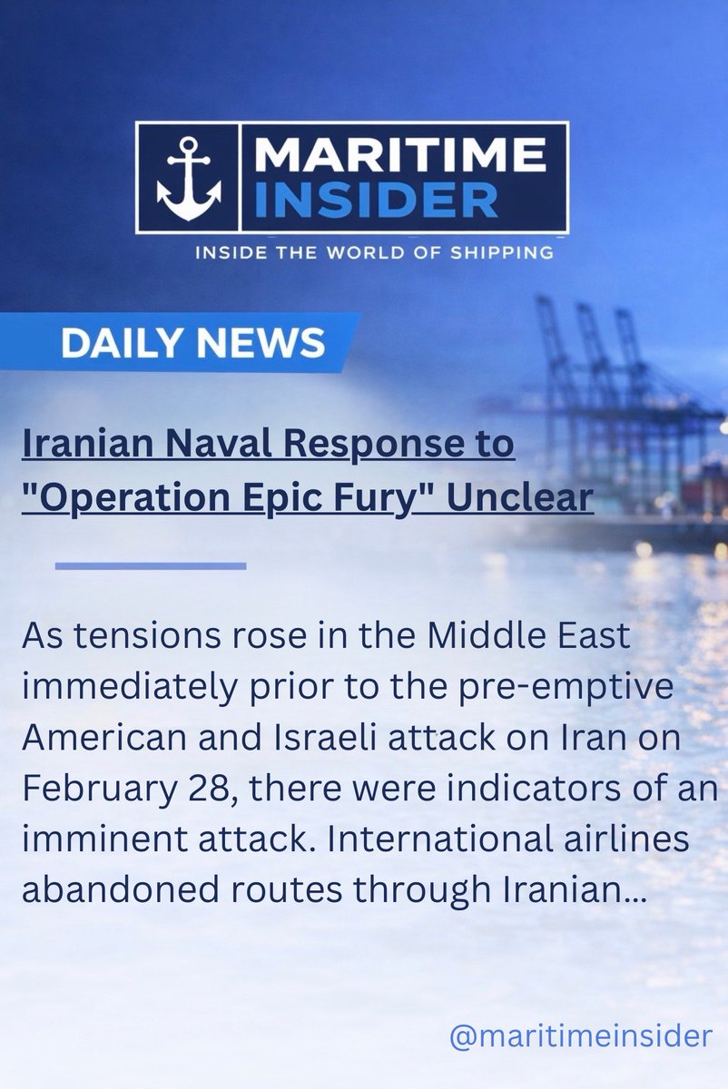 MartimeInsider's tweet photo. 🔵 Daily News : 

As tensions rose in the Middle East immediately prior to the pre-emptive American and Israeli attack on Iran on February 28, there were indicators of an imminent attack. International airlines abandoned routes through Iranian airspace the previous day, as the USS Gerald Ford (CVN--78) carrier strike group neared the Israeli coast. But the regular Iranian Navy (Nedaja) appears not to have adjusted its deployments and has not conducted a wholesale dispersal to sea from its home ports.
Over previous days, there has been a return to home ports of Nedaja ships which had been out on deployment. Moudge Class frigate IRINS Dena (F75) has completed its participation in the Indian International Fleet Review, and Exercise MILAN-2026 which followed. Read Admiral Shahram Irani, the Nedaja commander, on February 27 welcomed home the 103rd Naval Flotilla on its delayed return from participation in Exercise Will for Peace 2026 off Cape Town. The flotilla docked at the Konarak Naval Base in Chah Bahar rather than in Bandar Abbas, although the IRGC Navy participant the converted oil tanker, IRIS Shahid Mahdavi (C110-3) appeared to have moved on to its regular mooring in the Bandar Abbas roads.  
On February 25, Nedaja frigates IRINS Sabalan (F73), Sahand (F74), Jamaran (F76) and Zagros (H313) were all alongside in the Bandar Abbas Naval Harbor. Also present was the one Kilo Class submarine believed to be semi-operational IRINS Taregh (S901) and a second still undergoing deep refit in dry dock IRINS Nooh (S902); the whereabouts of the third Kilo Class submarine IRINS Yunes (S903) remains uncertain since it left dry dock some months ago. Unusually, not one of the Bandar Abbas and Hengam Class logistic vessels was in port, and neither is the converted tanker IRINS Makran (K441), though IRINS Kurdestan (K442) is on its pier in the Outer Harbor.  

Follow @MaritimeInsider for verified maritime updates.

Join our WhatsApp channel for more updates:
https://t.co/P84F1J4riM 

Join our X account : 
https://t.co/3lm2KANJqn 

Join our FB page : 
https://t.co/66SKPp3Vdw