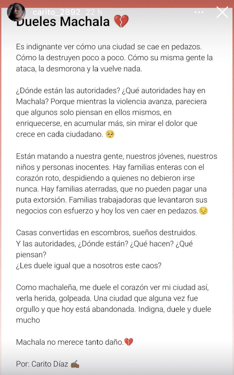 Dueles, Machala. Una machaleña clama por ayuda urgente ante la ola de violencia que desangra a la ciudad, sin que ninguna autoridad adopte acciones efectivas para regresar la tranquilidad. Mientras los políticos "solo piensan en ellos mismos, en enriquecerse, en acumular más, sin