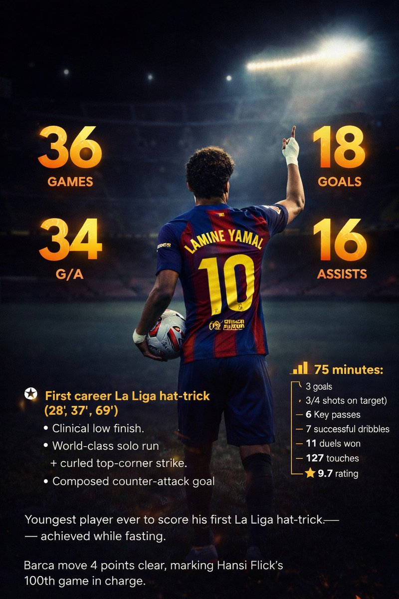 FACT:  Lamine Yamal is the Youngest player ever to score his first La Liga hat-trick while fasting.