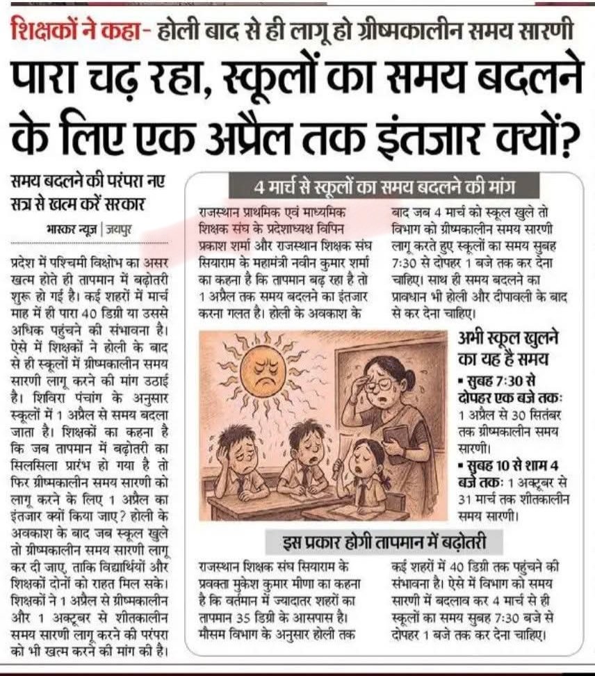 VipinPrakashSh7's tweet photo. *🌞 पारा चढ़ रहा, स्कूलों का समय बदलने के लिए 1 अप्रैल तक इंतजार क्यों.......राजस्थान प्राथमिक एवं माध्यमिक शिक्षक संघ https://t.co/GkF5PdlBKa
