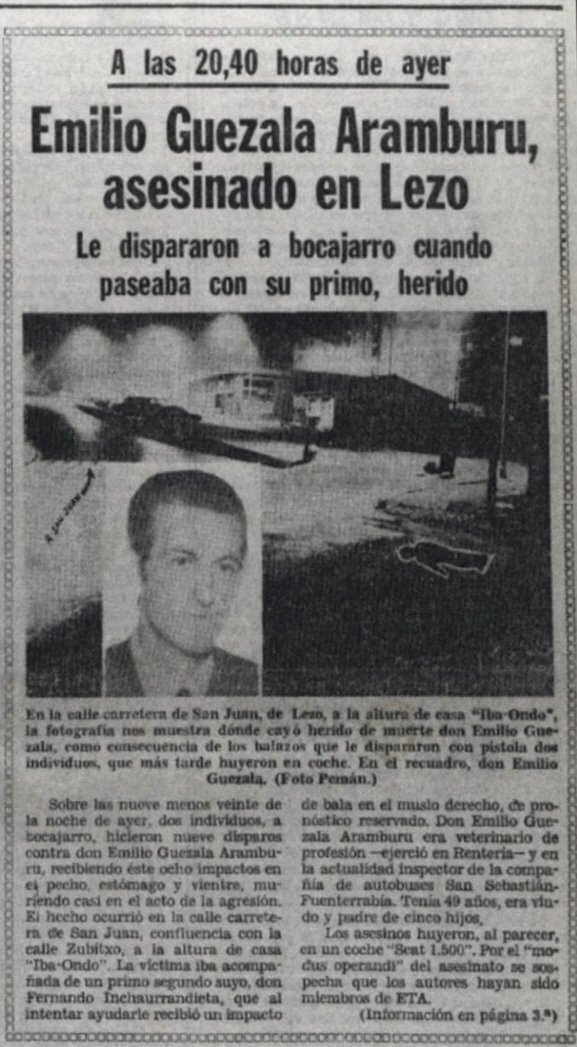 ConsuorF's tweet photo. #TalDiaComoHoy de 1976 #ETA asesinó a EMILIO GUEZALA en #Lezo, era inspector de autobuses. Salía con su primo de un bar cuando desde un coche en marcha  les ametrallaron. Su primo resultó herido en una pierna.

Como a tantos otros le acusaron también de confidente.

#Impune

🧵 https://t.co/n4hNe9eNn5