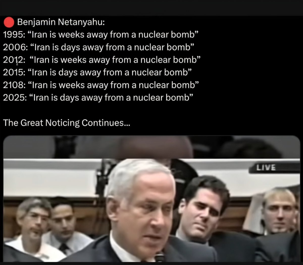 jmicolle's tweet photo. #Netanyahu prétend depuis 1995 que l’#Iran est a quelques jours d'avoir la bombe nucléaire. https://t.co/ChB69rXPww
