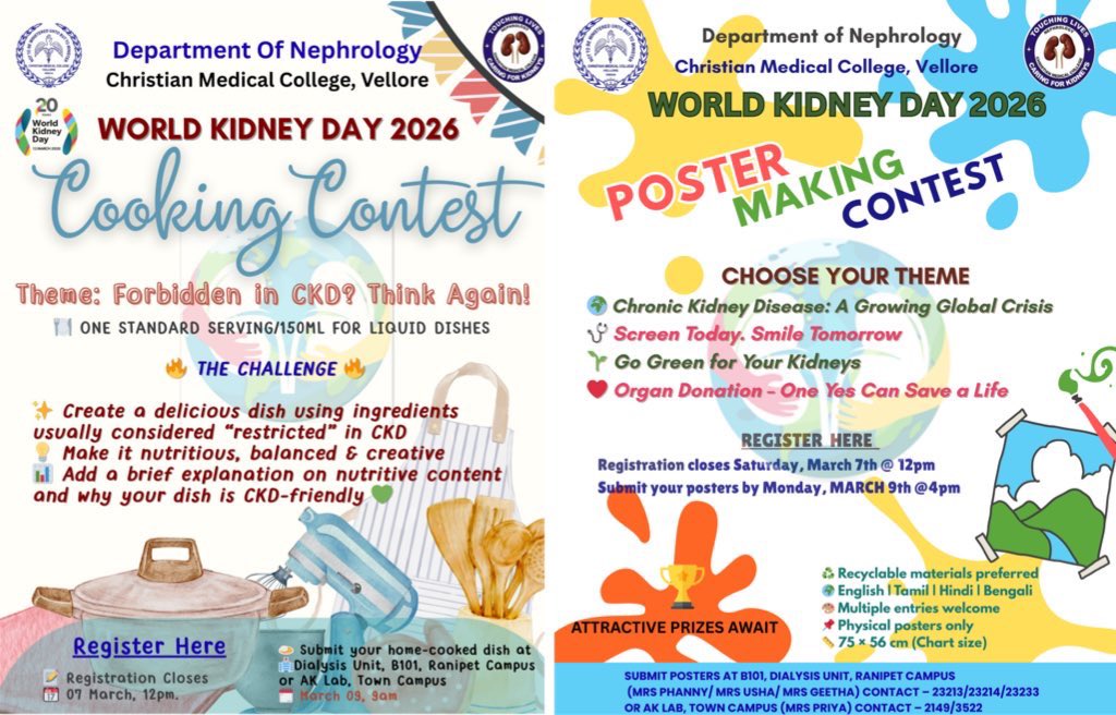 CMCNephrology's tweet photo. 🔔 Registrations are now OPEN for #WKD2026 competitions & events at CMC Vellore! 🇮🇳
🏥 Exclusively for CMC Patients, Students & Staff 👩🏻‍⚕️👨🏻‍⚕️

🧠 Quiz | ✍ Essay | 🎥 Short Film | 🍳 Cooking | 🎨 Poster

Register here:
🔗 Quiz – https://t.co/B9g5DpNBtN
🔗 Essay – https://t.co/DIMQ3yDesi
🔗 Cooking – https://t.co/hz4ZubNkqV
🔗 Poster – https://t.co/wOcSnkAB8D
🔗 Short Film – Submit entries to:cmcnephro.wkd@gmail.com

⏳ Don’t miss the deadlines! ⏰

@worldkidneyday @isn_india @IFKF_ @ISNkidneycare @OffCMCVellore @IndiaSoTx @WomenNeph_india 

#WorldKidneyDay #KidneyHealthForAll 
#OurKidneysOurPlanet