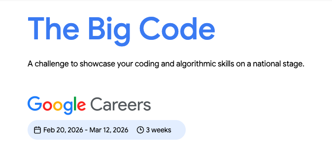 jddeep003's tweet photo. The "Big Code" challenge launched by Google, India!

And almost no one is talking about it yet.

If you’re an engineering student graduating in 2027, 2028 or 2029 from a circuit branch (CS, IT, ECE, EEE, etc.), this might be the biggest opportunity you get this year!

This is a merit-based, multi-stage competition that invites engineering students across India.

The challenge runs for about 5 weeks, with every stage raising the bar:

A Qualifying Round with MCQs + coding
- Round 1 for deeper algorithmic problem-solving
- Round 2 for the top 1,500 - a true pressure test

And then the finale:

A 48-hour AI-themed hackathon where the top 50 students build a working prototype.
The Top 15 even get to present it live at Google’s office in Bengaluru.

One thing I really appreciate is the transparency.
Google states clearly: This is a game of skill; all rankings and winners are determined exclusively by technical accuracy, code efficiency, and problem-solving ability.

No fluff.
No promises of jobs.
Just pure learning, exposure, and the thrill of competing at a national level.

A few key details:
- Registration deadline: March 12, 2026 (11:59 PM IST)
- Qualifier test window: March 14–15, 2026
- Eligible: 1st / 2nd / pre-final year engineering students (2027, 2028, 2029 grads) from circuit branches
- Individual participation only

Register directly: https://t.co/vK0uy8xt9p
For mentorship, drop me a DM here: https://t.co/Q19M9rvzjd

Important: This is not a direct hiring drive and there’s no guaranteed job or internship — but the learning, visibility, network, and real-world problem-solving experience are absolutely worth it.

Level up your coding game. This might just be the thing that changes your trajectory this year.

Share this post for good karma :)