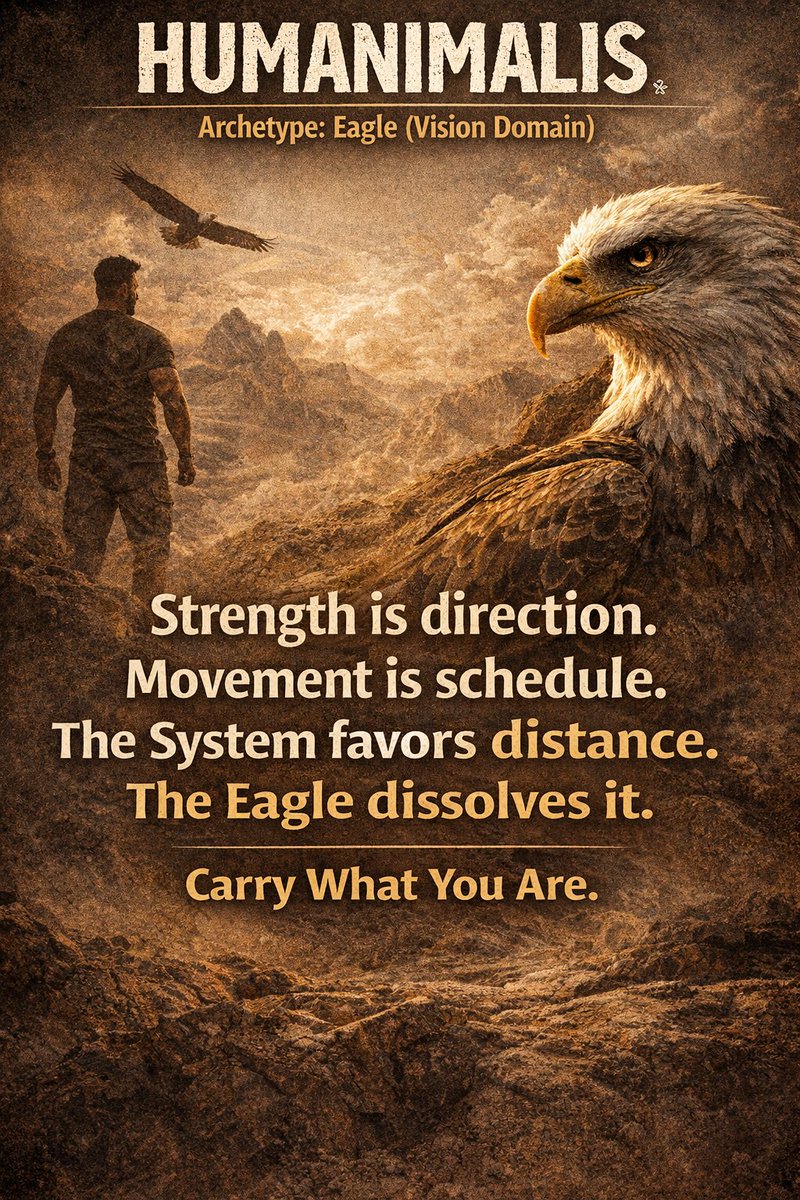 Humanimalis's tweet photo. See clearly.
Move precisely.
The Eagle doesn’t chase.
It selects.
Vision is strength.
Carry What You Are.
#HUMANIMALIS https://t.co/ezHyJBMBNo