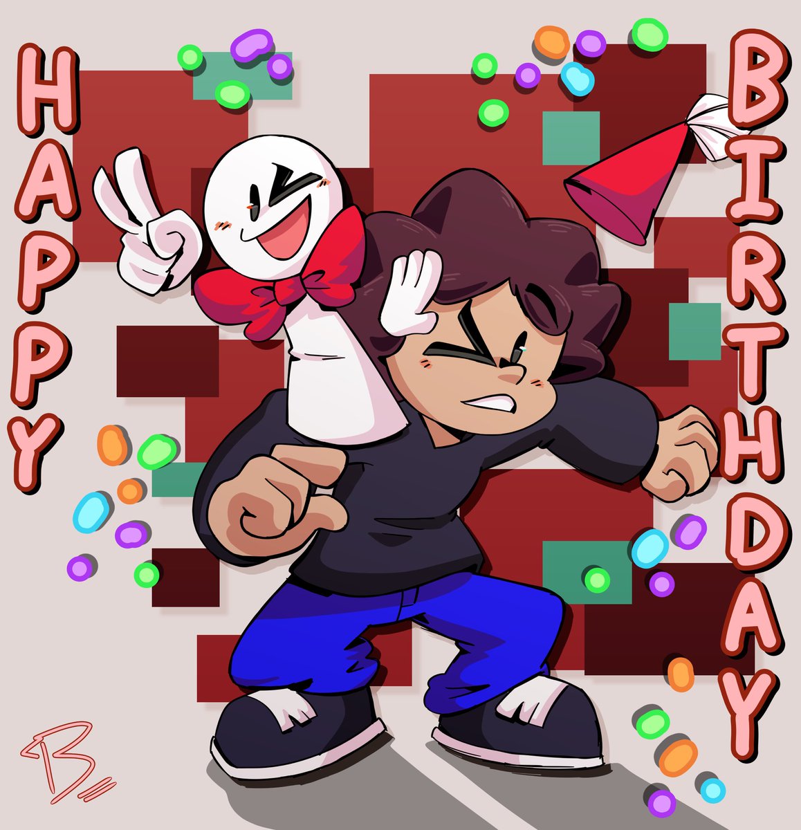 HAPPY BIRTHDAY TO MY BOY <a href="/BlankGuy_YT/">Blank Guy Studios</a> !!! 🎁🎂
I was originally going to post a short animation but I couldn’t finish in time so I made this instead! 
(I’ll still post the animation when it’s done!) 
Again, HAPPY BIRTHDAY! Enjoy being 18 and keep that marshmallow guy in check! 💜