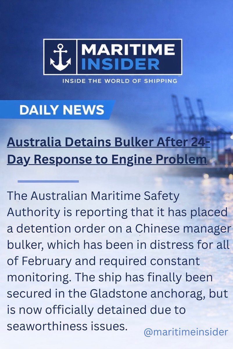 MartimeInsider's tweet photo. 🔵 Daily News: 

AMSA has been responding to the situation for 24 days after the Swift Hangzhou reported engines troubles shortly after departing (AMSA photos)
PUBLISHED FEB 27, 2026 5:09 PM BY T.M.E. 

The Australian Maritime Safety Authority is reporting that it has placed a detention order on a Chinese manager bulker, which has been in distress for all of February and required constant monitoring. The ship has finally been secured in the Gladstone anchorag, but is now officially detained due to seaworthiness issues.
The saga of the bulker Swift Hangzhou began hours after the vessel departed Gladstone on January 31, bound for South Korea. The 79,343 dwt vessel, registered in Liberia, was built in 2015. Shortly after departing the Australian port, the vessel reported it was experiencing engine problems.
AMSA reported that it was working closely with the authorities in the Australian state of Queensland, as well as the vessel’s captain and operator, to manage the situation. It placed a maritime casualty officer aboard the ship, who inspected the engine and who was advised the captain and crew of the ship. The MCO was also liaising with AMSA.
Its primary concern was the safety of the 21 crew onboard, as well as the environment and other vessels in the area. AMSA reports it dispatched four emergency towing vessels to prevent the vessel from drifting into sensitive areas of the Great Barrier Reef and the surrounding marine park. AMSA also maintained a 24-hour monitoring operation for the vessel and weather conditions to prevent further risks.
 
￼
 
As of February 24, the vessel is in the anchorage at Gladstone, and AMSA said its round-the-clock 24-day response has been concluded.
However, the saga for the vessel is far from over. A detention order was issued due to the problems onboard, and it requires the ship to demonstrate proper repairs before it will be permitted to depart again.
“This incident is a reminder that the unexpected in maritime work can happen at any point in a vessel’s voyage,” said Alex Barrell, ExecutiveDirector ofr Response for AMSA. “In the case of the Swift Hangzhou’s engine failure, AMSA’s approach in managing the incident prevented risk to vessel, crew and marine environment.”

Follow @MaritimeInsider for verified maritime updates.

Join our WhatsApp channel for more updates:
https://t.co/P84F1J4riM 

Join our X account : 
https://t.co/3lm2KANJqn 

Join our FB page : 
https://t.co/66SKPp3Vdw