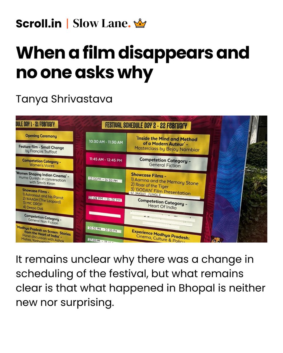 At Bhopal Film Festival, one film was dropped from screening schedule. Another talk was cancelled on the day.  

scroll.in/article/109105… 

These events show how censorship, which often brings up images of dramatic bans or public orders, can take a more mundane form.