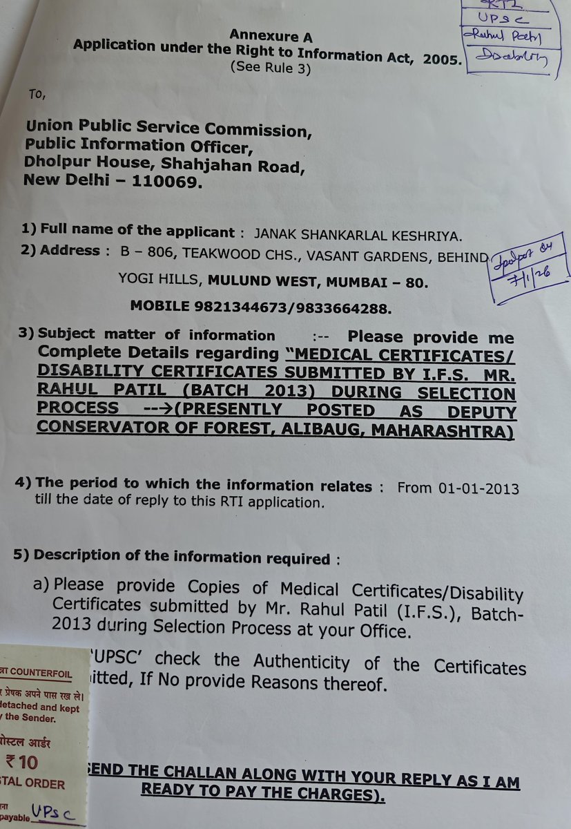 jskeshriya's tweet photo. Our #RTI request for "#Medical / #Disability certificates submitted by #IFS Rahul Patil was denied by #UPSC #CPIO saying 'Personal information', we filed 1St #Appeal .
Now CPIO replies "Documents/ Certificates are sent to #MOEF , then why did he reject our RTI request before ?
Also 'Checking the Authenticity of Certificates' No reply.
@Unofficial_UPSC who will check the certificates are true or #Bogus just like #PujaKhedakar case ?
Asli #IAS #IFS ya Nakli ???