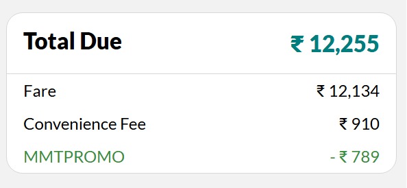avadhis's tweet photo. Convenience fees of ~ ₹900 per round trip!  @makemytrip ? 

This does not show up on the trip selection page.

Request @jagograhakjago to direct that convenience fees appear at the search page itself &amp; not at the payment page. Air fares displayed should be all inclusive fares https://t.co/xHlX7I5zd8
