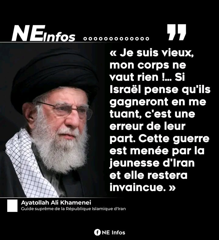 AzizHassoumi's tweet photo. « Je suis vieux, mon corps ne vaut rien !... Si Israël pense qu'ils gagneront en me tuant, c'est une erreur de leur part. Cette guerre est menée par la jeunesse d'Iran et elle restera invaincue. »  - Ayatollah Ali #Khamenei, Guide Suprême de la République Islamique d'#Iran🇮🇷 https://t.co/ZwGq1VCTM0