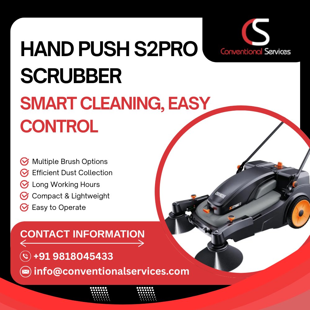 Maintaining large commercial spaces shouldn't be a hassle. The S2PRO Scrubber from Conventional Services offers a smart, compact solution for high-traffic environments. 
📷 +91 9818045433
📷 info@conventionalservices.com
#FloorScrubber #IndustrialCleaning #CommercialCleaning
