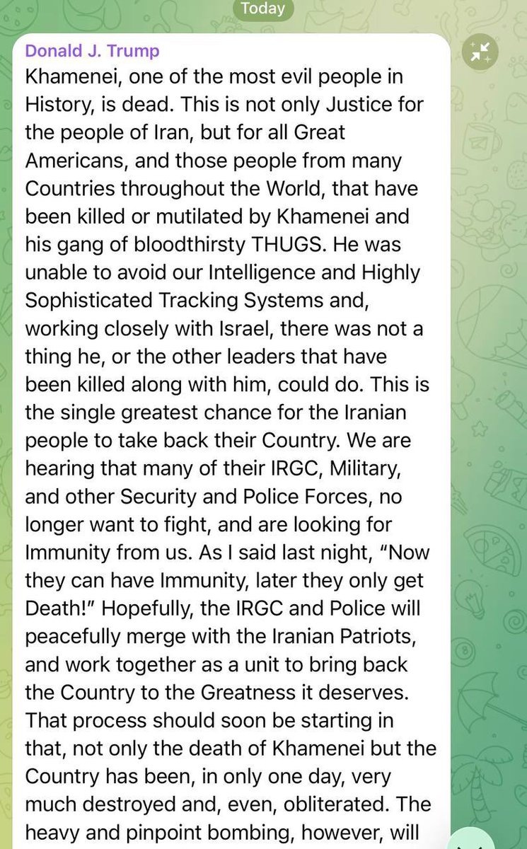 ali_shahbazy's tweet photo. پرزیدنت ترامپ :
خامنه‌ای، یکی از شرورترین افراد تاریخ، مرده است. این نه تنها عدالت برای مردم ایران، بلکه برای همه آمریکایی‌های بزرگ و مردم بسیاری از کشورهای جهان است که توسط خامنه‌ای و دار و دسته اوباش خونخوارش کشته یا مثله شده‌اند. او نتوانست از اطلاعات و سیستم‌های ردیابی بسیار پیچیده ما فرار کند و با همکاری نزدیک با اسرائیل، هیچ کاری از او یا دیگر رهبرانی که همراه او کشته شده‌اند، ساخته نبود. این بزرگترین فرصت برای مردم ایران است تا کشور خود را پس بگیرند. ما می‌شنویم که بسیاری از نیروهای سپاه، ارتش و سایر نیروهای امنیتی و انتظامی آنها دیگر نمی‌خواهند بجنگند و به دنبال مصونیت از ما هستند. همانطور که دیشب گفتم، "حالا آنها می‌توانند مصونیت داشته باشند، بعداً فقط مرگ نصیبشان می‌شود!" امیدواریم که سپاه و پلیس به طور مسالمت‌آمیز با میهن‌پرستان ایرانی ادغام شوند و به عنوان یک واحد برای بازگرداندن کشور به عظمتی که شایسته آن است، با هم همکاری کنند. این روند باید به زودی آغاز شود، چرا که نه تنها مرگ خامنه‌ای، بلکه کشور تنها در یک روز، به شدت ویران و حتی کاملاً نابود شده است. با این حال، بمباران‌های سنگین و دقیق، بدون وقفه در طول هفته یا تا زمانی که برای دستیابی به هدف ما یعنی صلح در سراسر خاورمیانه و در واقع جهان لازم باشد، ادامه خواهد یافت!