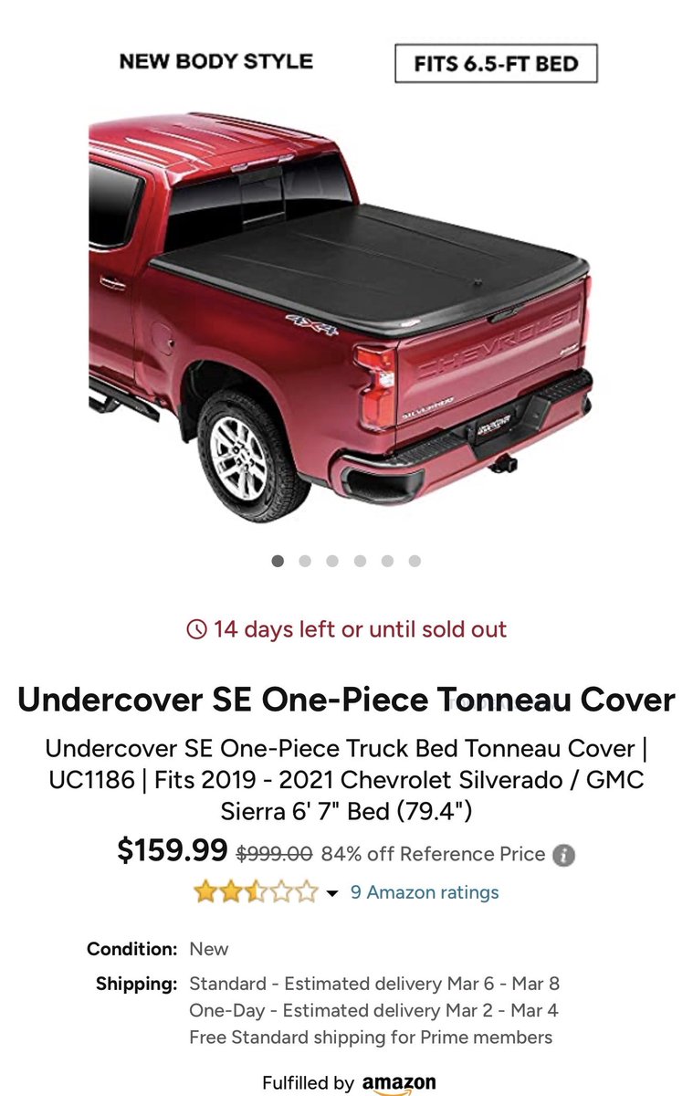 thedealsguy_'s tweet photo. Undercover SE One-Piece Tonneau Cover (UC1186) – $159.99
Fits 2019–2021 Silverado / Sierra 6’7” bed

$1,000+ elsewhere. 84% off reference price. Hard one-piece design, sleek low profile.

Free shipping for Prime members.

https://t.co/Lxtpc7Zwoz

#Ad https://t.co/voHDgyBNe6