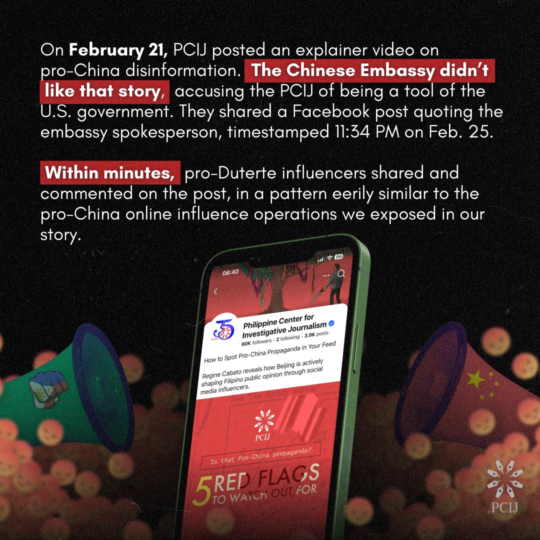 PCIJdotOrg's tweet photo. After PCIJ posted an explainer on pro-China disinformation, the Chinese Embassy accused it of being a U.S. tool. Minutes after the embassy’s late-night Facebook post, pro-Duterte influencers amplified it, mirroring the influence patterns documented in the report. https://t.co/GiuDtZycnM