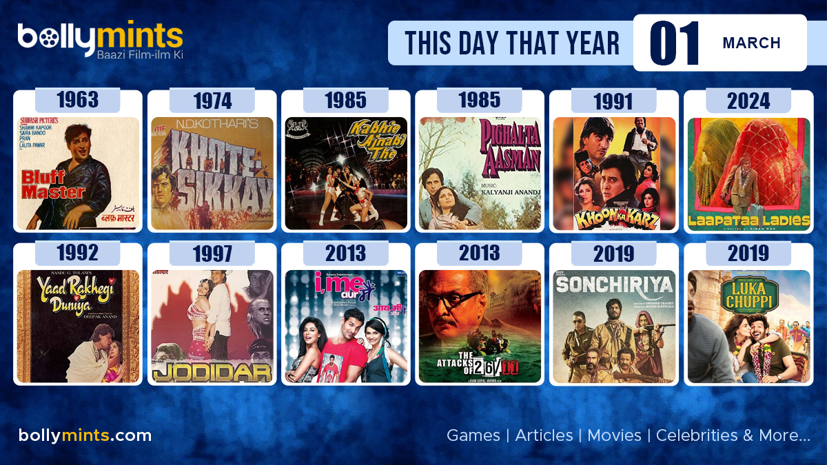 BollyMints's tweet photo. Here are the few #BollywoodMovies released on this day. Stay tuned at https://t.co/ohKmuyqHCy for more #updates #ThisDayThatYear #1March #BluffMaster #KhoteSikkay #KabhieAjnabiThe #PighaltaAasman #KhoonKaKarz #IMeAurMain #TheAttacksOf2611 #Sonchiriya #LukaChuppi #LaapataaLadies https://t.co/yu2sAHxExt