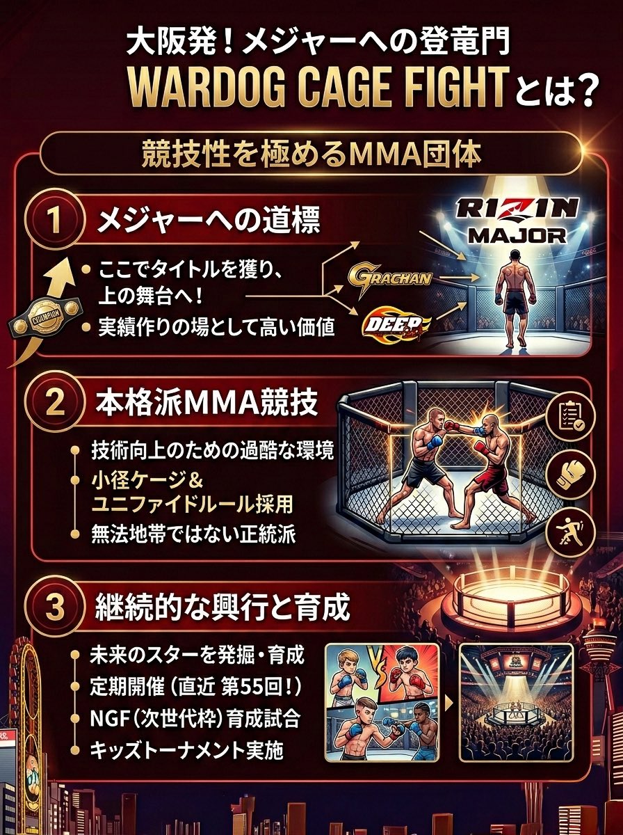 【関西MMAといえば】
WARDOG CAGE FIGHTは、大阪を拠点とするMMA団体。
若手からベテランまで成り上がりを狙う選手が集結。他団体への人材輩出も担う、熱狂的なケージファイトが魅力。

RIZINのヒロヤ選手やDEEP&amp;RIZINにも参戦の中務信良選手などが参戦、王者の経験あり。

👇WarDog