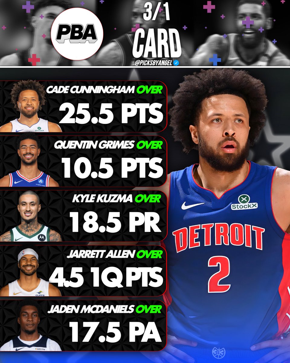 picksbyangel's tweet image. $50 to a random LIKE if we SWEEP💰 

3/1 NBA PROPS 🏀

- Cade Cunningham O 25.5 Points
   #DetroitBasketball                          
- Quentin Grimes O 10.5 Points
   #76ers         
- Kyle Kuzma O 18.5 PR
   #FearTheDeer              
- Jarrett Allen O 4.5 1Q Points