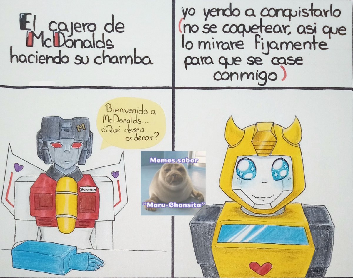 Fideos_MaruChan's tweet photo. No sé si cuente cómo meme pero jsjs es más un dibujo de mi ship favorito
#Transformers #Starcream #Bumblebee #dibujo https://t.co/xSCzfbUVix