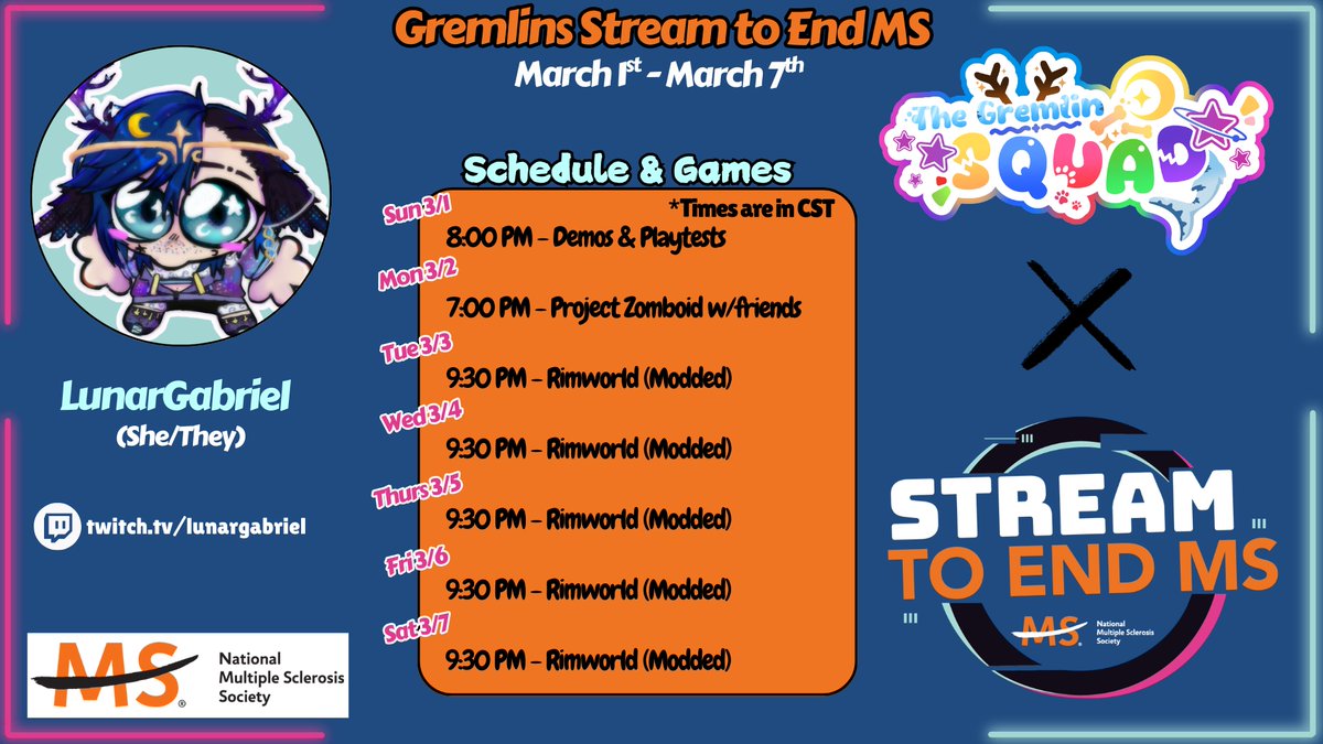 LunarGabriel1's tweet photo. Starting tomorrow I'll be participating in the #StreamtoEndMS event with others from #TheGremlinSquad!
Come hang out and help us raise some funds for a great cause! π https://t.co/CnDFJARzTr
