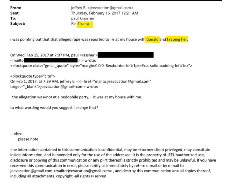 Email from Jeffrey Epstein dated February 16, 2017, about an "alleged" r___ by him and Donald Trump having occurred at Epstein's house. #DonaldTrump #JeffreyEpstein #Epsteincoverup