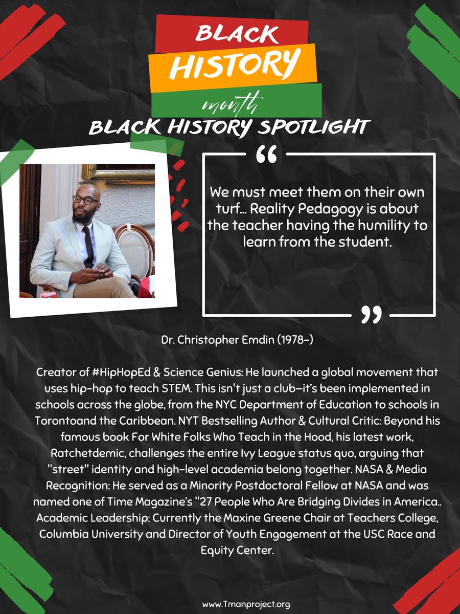 Tmanproject's tweet photo. 2Day ends Black History Month, but the celebration of Black brilliance is a year-round commitment. Today, we look to Dr. Christopher Emdin He challenges us to never give up on the youth the world tries to count out
💡Let’s keep knowing, loving, and fighting 4 our kids. https://t.co/5XqhE05WW1