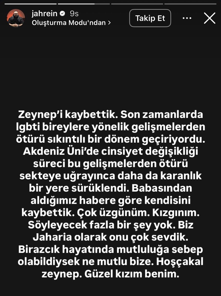 Kick yayıncısı trans kadın Zeynep, yaşamına son vermiş. İntihara sürüklenme nedeni, iki yıldır gündemde olan LGBTİ+ karşıtı yasa değişikliğinden dolayı cinsiyet geçiş sürecinin engellenmesi ve bu yüzden yaşadığı yoğun disfori. Henüz 21 yaşındaymış. Çok çok üzücü.