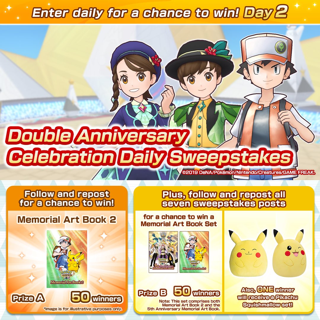 ￼ #DoubleAnniversary Celebration Daily Sweepstakes: Day 2! ￼

To join:
1. Follow <a href="/PokemonMasters/">Pokémon Masters EX</a>.
2. Repost this post.

Enter by March 6 at 9:59 p.m. PST! ￼

#PokemonMasters
