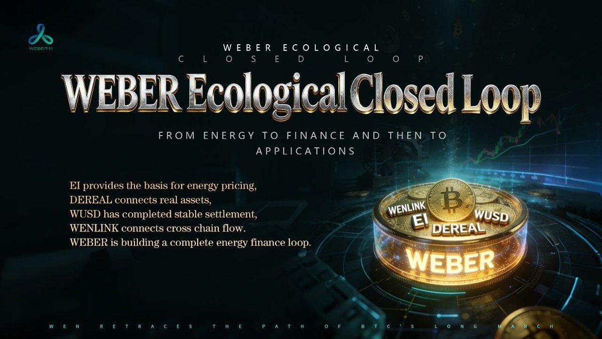 WeberChain's tweet photo. Energy defines value.
Assets anchor trust.
Liquidity drives circulation.
EI, DEREAL, WUSD, WENLINK —
not pieces, but a complete loop.
From energy
to finance
to application.
This is the WEBER closed loop.
#WEBER
#WEN
#EnergyBacked
#ClosedLoop https://t.co/Z1tMwMh9EP