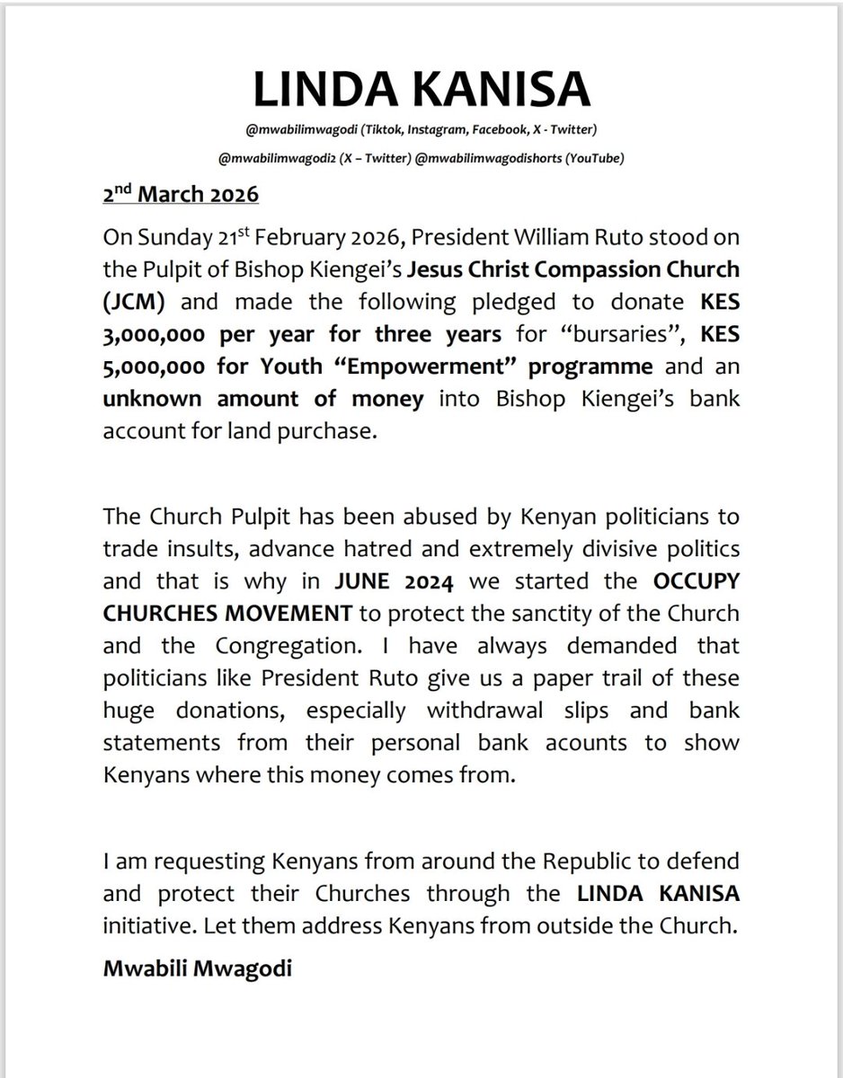 Youth Leader Dr. Oburu Odinga has Linda Ground. Senator Edwin Sifuna has Linda Mwananchi. Kenyans now have LINDA KANISA.